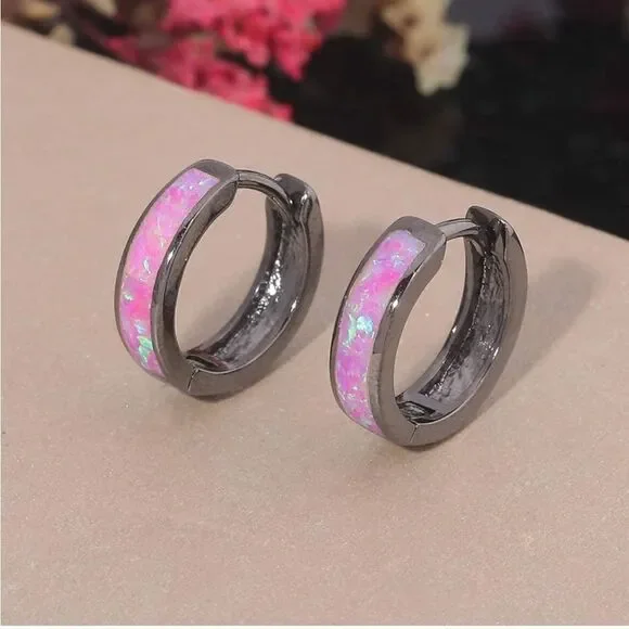 14K Black Gold with Genuine Purple Fire Opal Huggie Hoop Snap Hinge Earrings